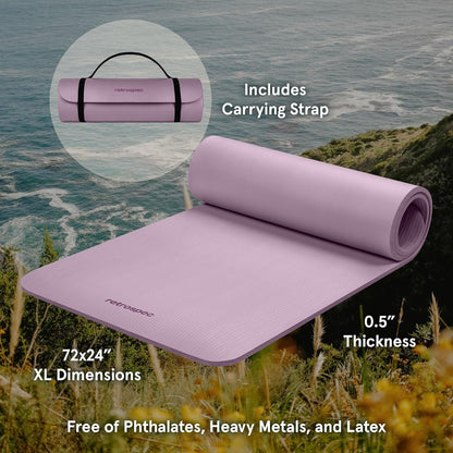 Retrospec Solana Yoga Mat Thick 1/2in Non-Slip Workout Mat with Nylon Strap - 72x24in Exercise Mat for Pilates, Stretching & Fitness - BPA Free, Easy Clean