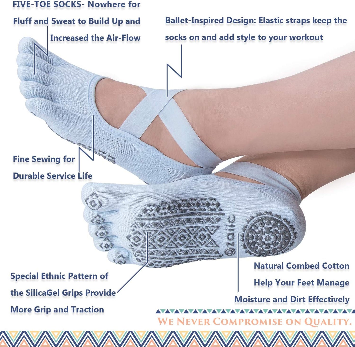 Ozaiic Yoga Socks for Women with Grips, Non-Slip Five Toe Socks for Pilates, Barre, Ballet, Fitness