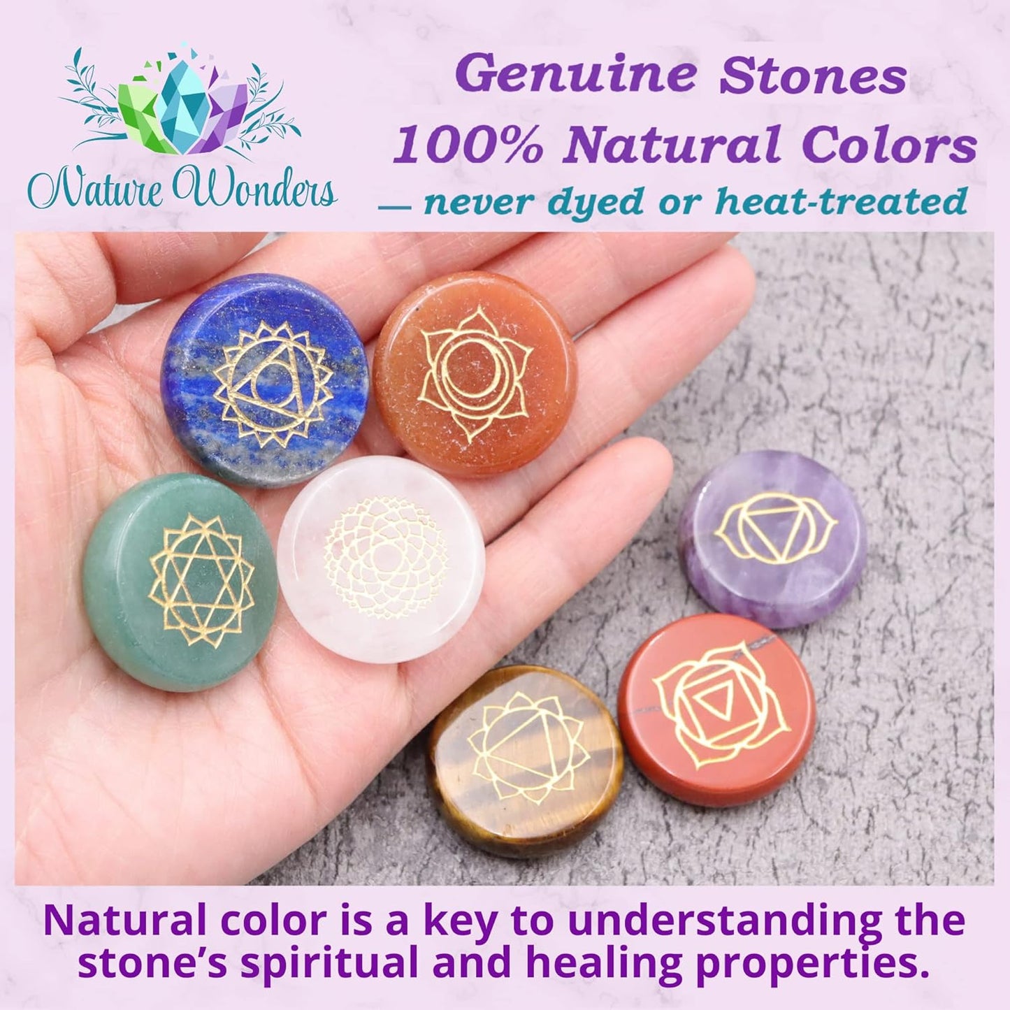 Uorbeay NatureWonders All Natural 7 Chakra Stone Set (Pyramid) with Engraved Symbols (Gift Box, Information Brochure & Pouch) - Healing Crystals, Balancing, Tumbled Palm Stone, Touchstone, Meditation