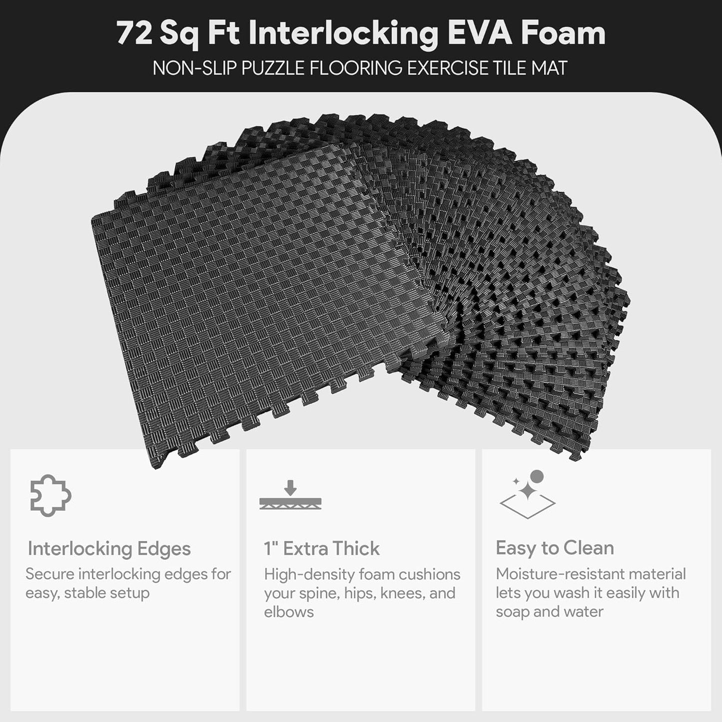 BalanceFrom Puzzle Exercise Mat 1" Thick, EVA Interlocking Foam Floor Tiles for Home Gym, Mat for Home Workout Equipment, Floor Padding for Kids, Black, 24 in x 24 in x 1 in, 24 Sq Ft - 6 Tiles