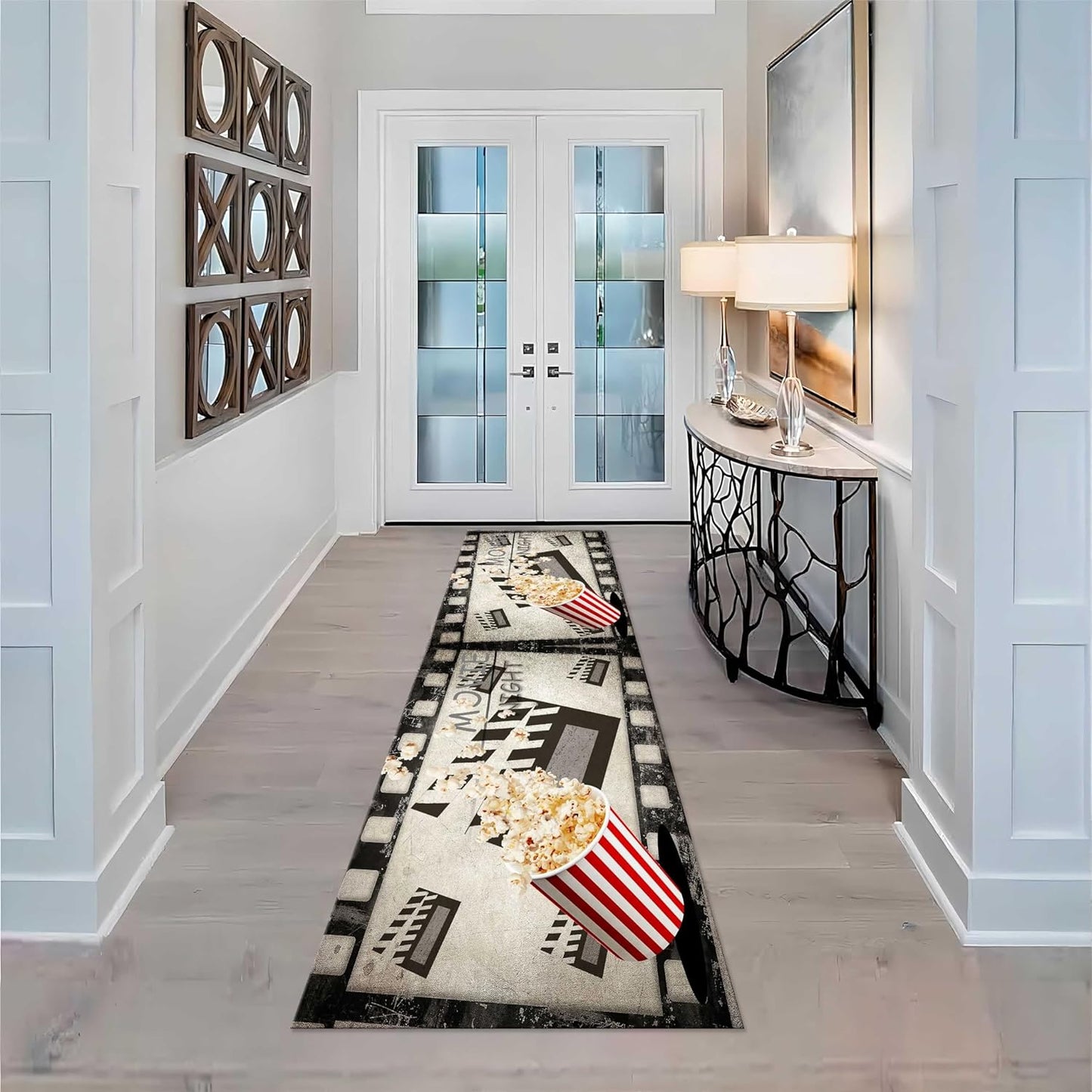 Movie Room Runner Rug,2x7ft,Film Ticket Reels and Popcorn Patchwork Patterned Rugs,Movie Night Theme,Non-Slip Door Mat for Kitchen, Hallway, Playroom, Nursery, Yoga Mat