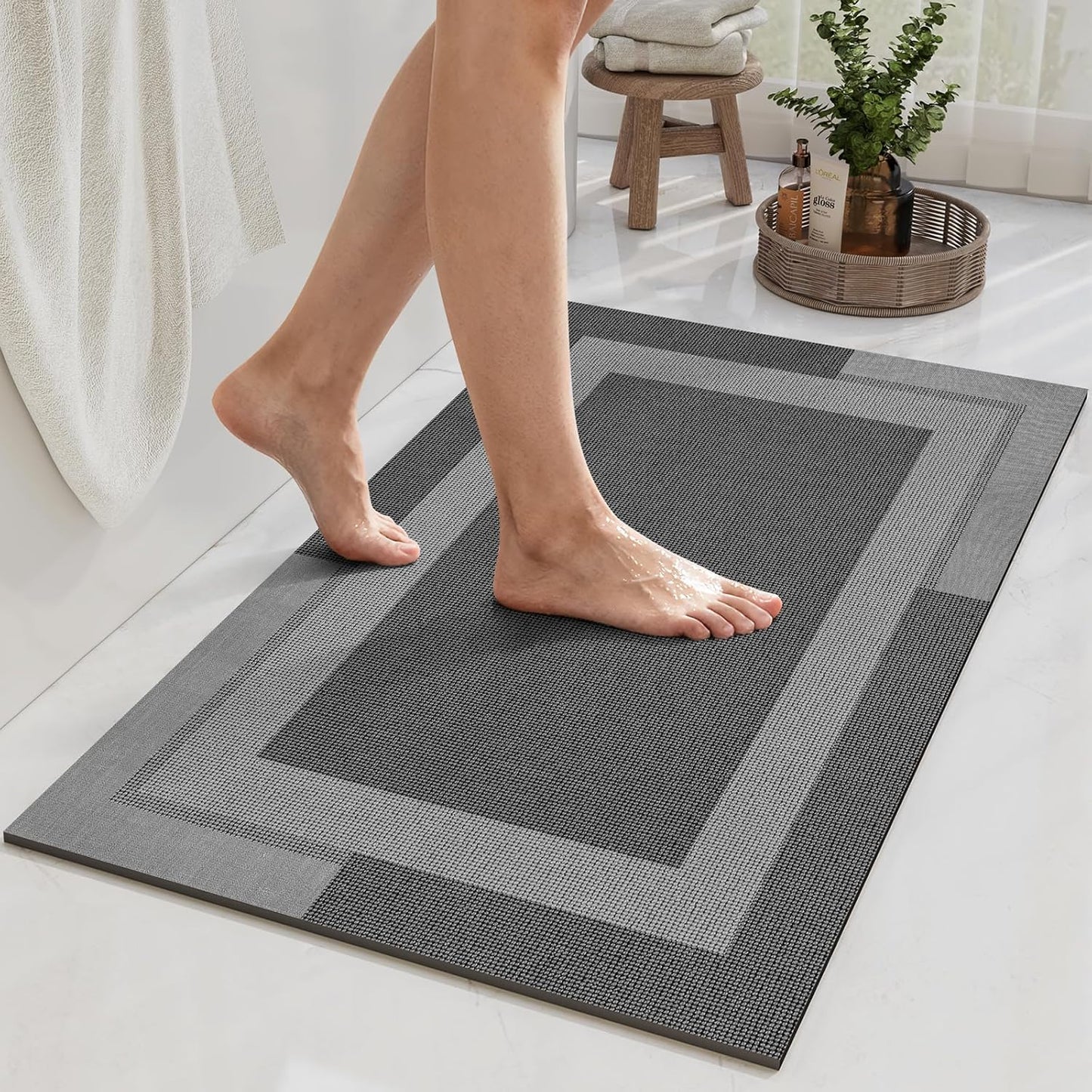 YDKGL Non Slip Long Bath Mat Bathroom Runner, Rubber Backing Ultra Thin Bathroom Rugs Fit Under Door Quick Dry Super Absorbent Washable Bath Rug Shower Mat for Bathtub Sink Floor, Dark Gray 17"x47"