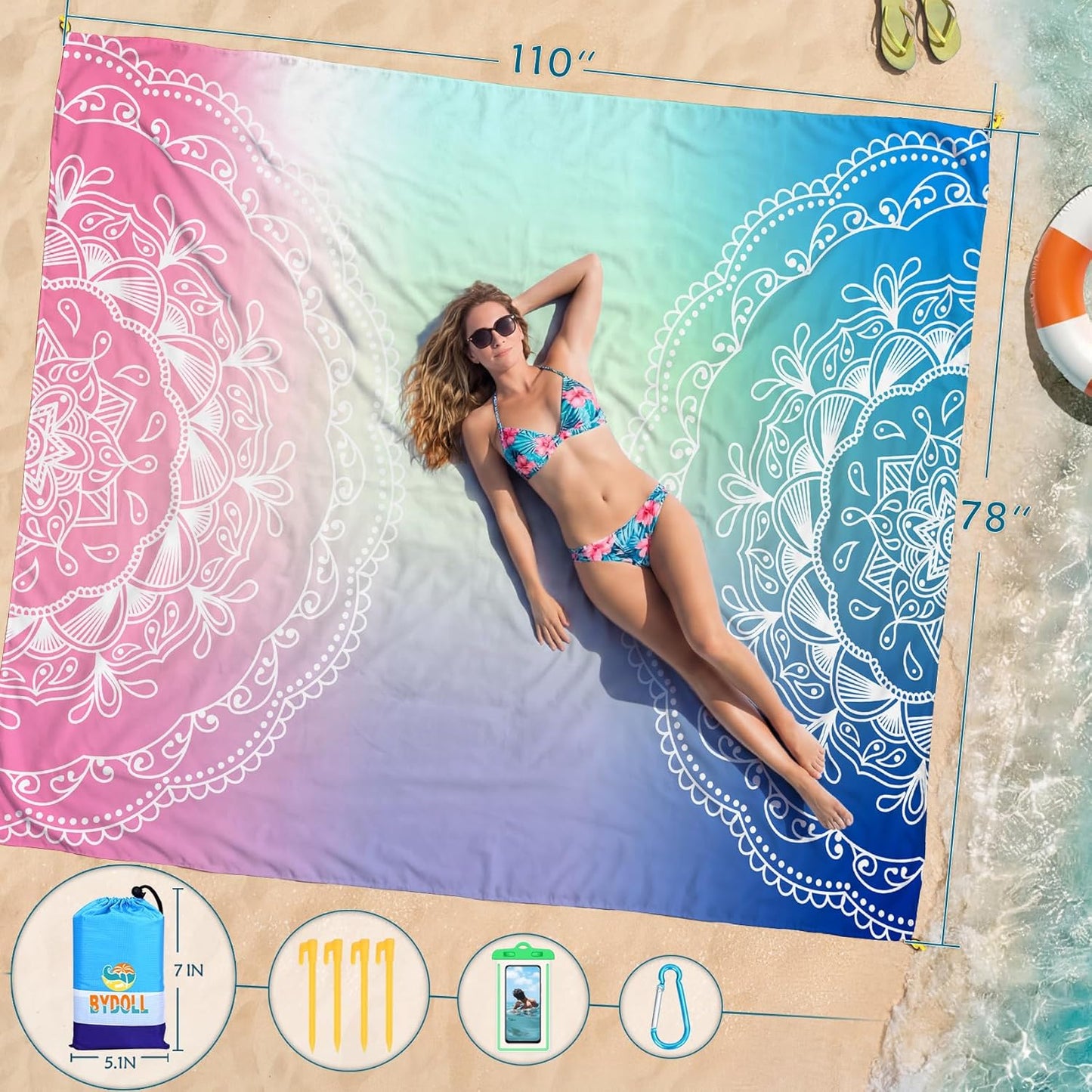 BYDOLL Beach Blanket Waterproof Sandproof Large Sand Free,78''X81''/10'X9' Oversized Sandless Lightweight Blanket Picnic Mat for Beach Travel Camping Hiking with Stakes