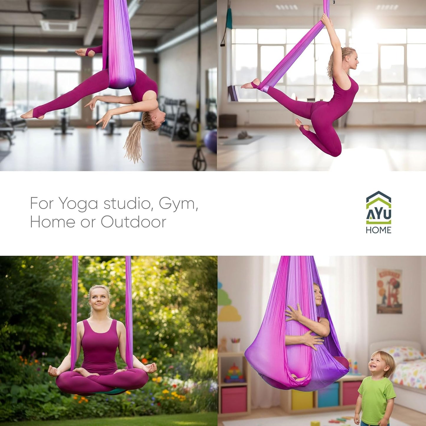 AyuHome Aerial Silks Kit for Home - Premium Yoga Swing for Kids and Adults with 660 lbs Capacity - Versatile Aerial Yoga Hammock for Gymnastics Training