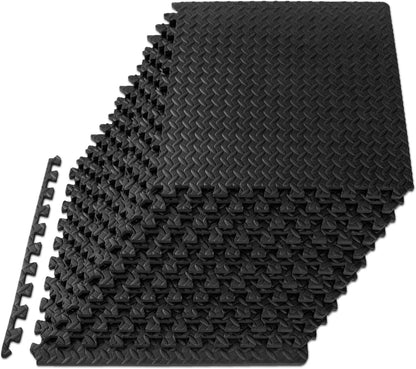 ProsourceFit Exercise Puzzle Mat ½-inch, EVA Interlocking Foam Floor Tiles for Home Gym, Workout Equipment, Kids Play Areas, Black, 24 SQ FT - 6 Tiles