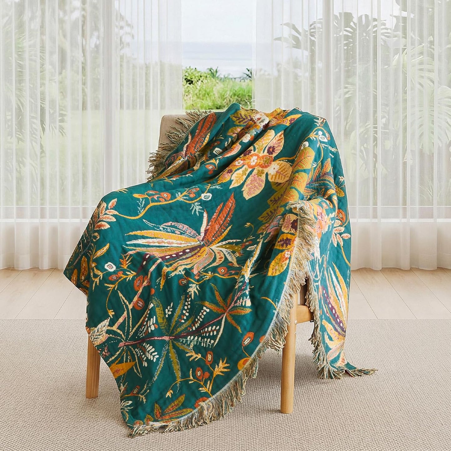 Boho Throw Blanket - 100% Cotton Soft Summer Throw Blanket for Bed, 50"x60" Reversible Breathable Lightweight Blankets, All Seasons Farmhouse Decor Floral Plant Butterfly Throw Quilt