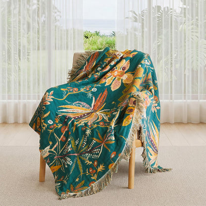 Boho Throw Blanket - 100% Cotton Soft Summer Throw Blanket for Bed, 50"x60" Reversible Breathable Lightweight Blankets, All Seasons Farmhouse Decor Floral Plant Butterfly Throw Quilt
