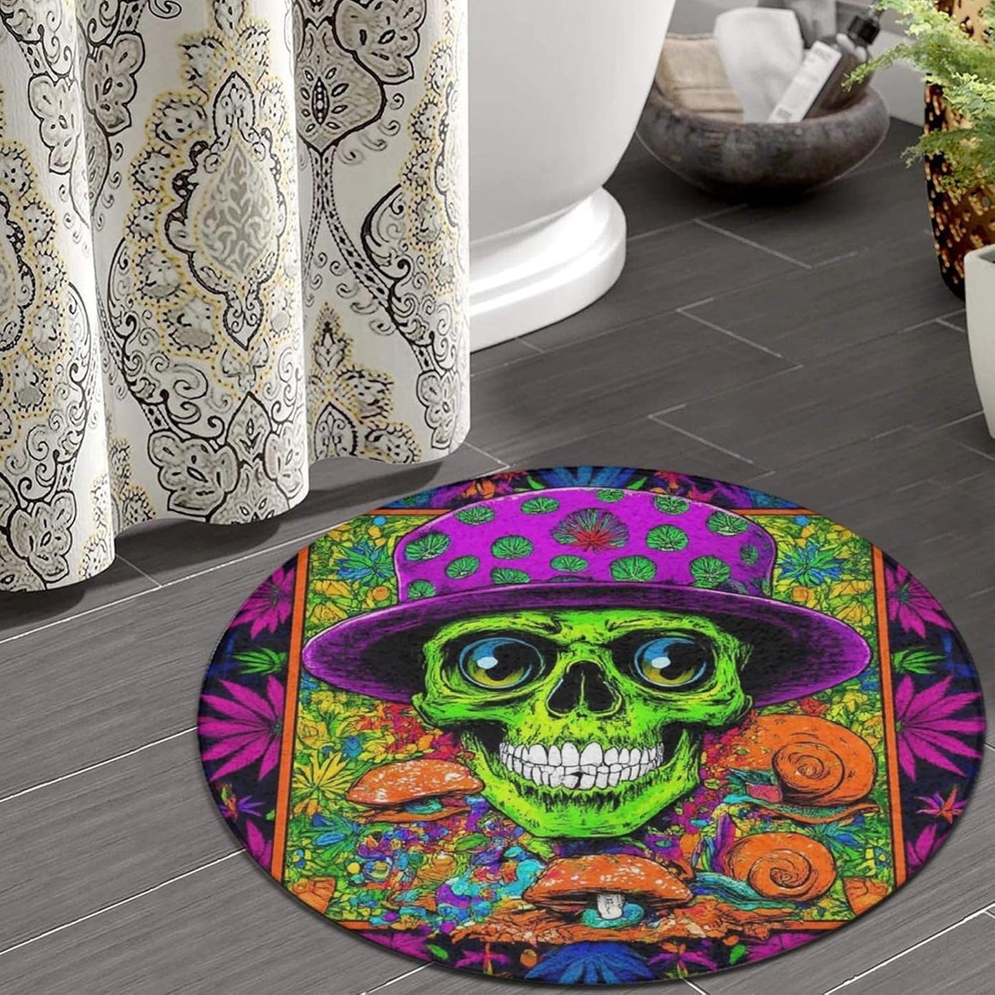 Machine Washable Modern Round Area Rug, Room Sofa Yoga Soft Round Carpet, Home Decor Non Slip Kitchen Office Circle Rug Trippy Rainbow Mushroom Tie Dye Art, 60inch
