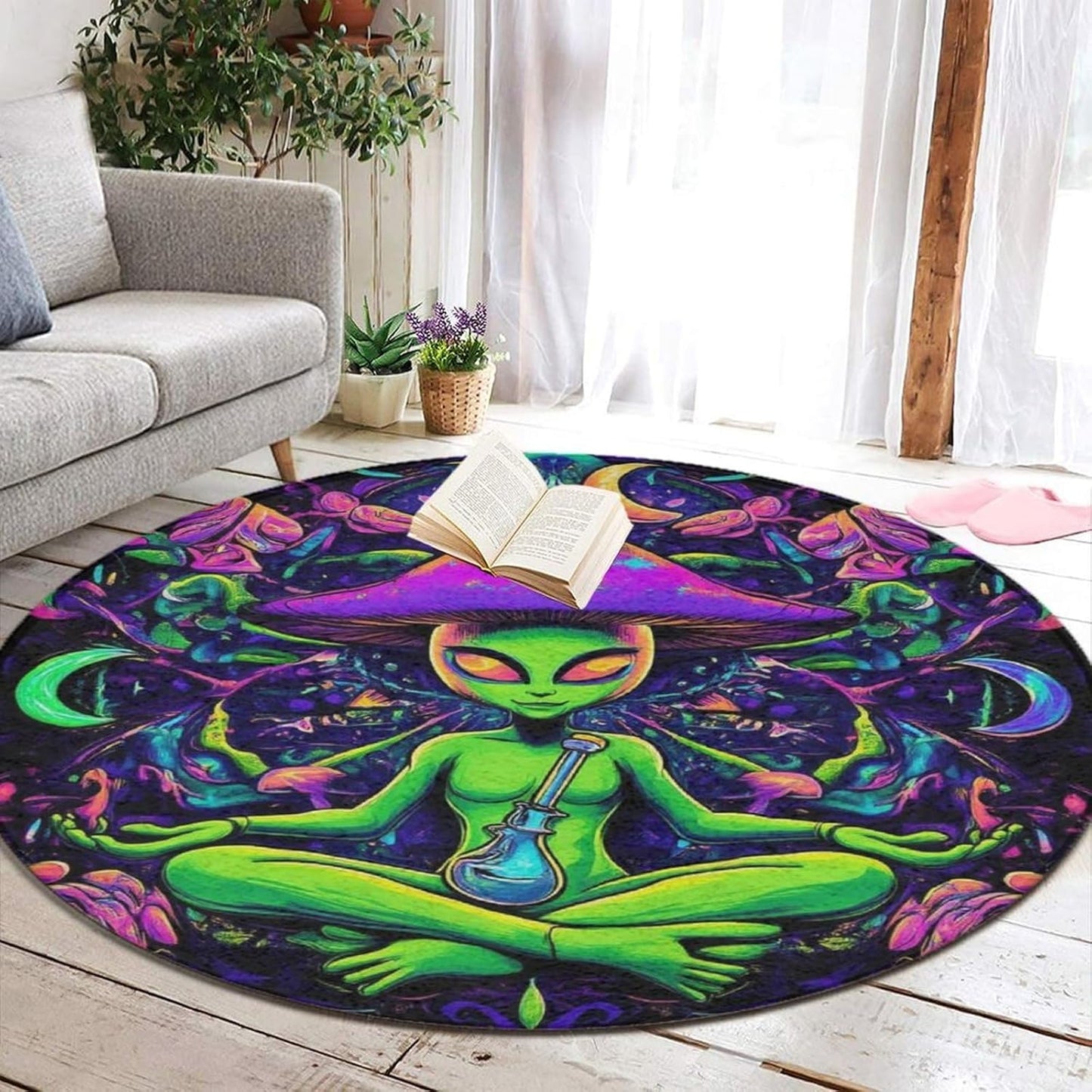 Home Decor Non Slip Kitchen Office Circle Rug, Machine Washable Modern Round Area Rug, Room Sofa Yoga Soft Round Carpet Purple Galaxy Trippy Space Astronaut Art, 36inch