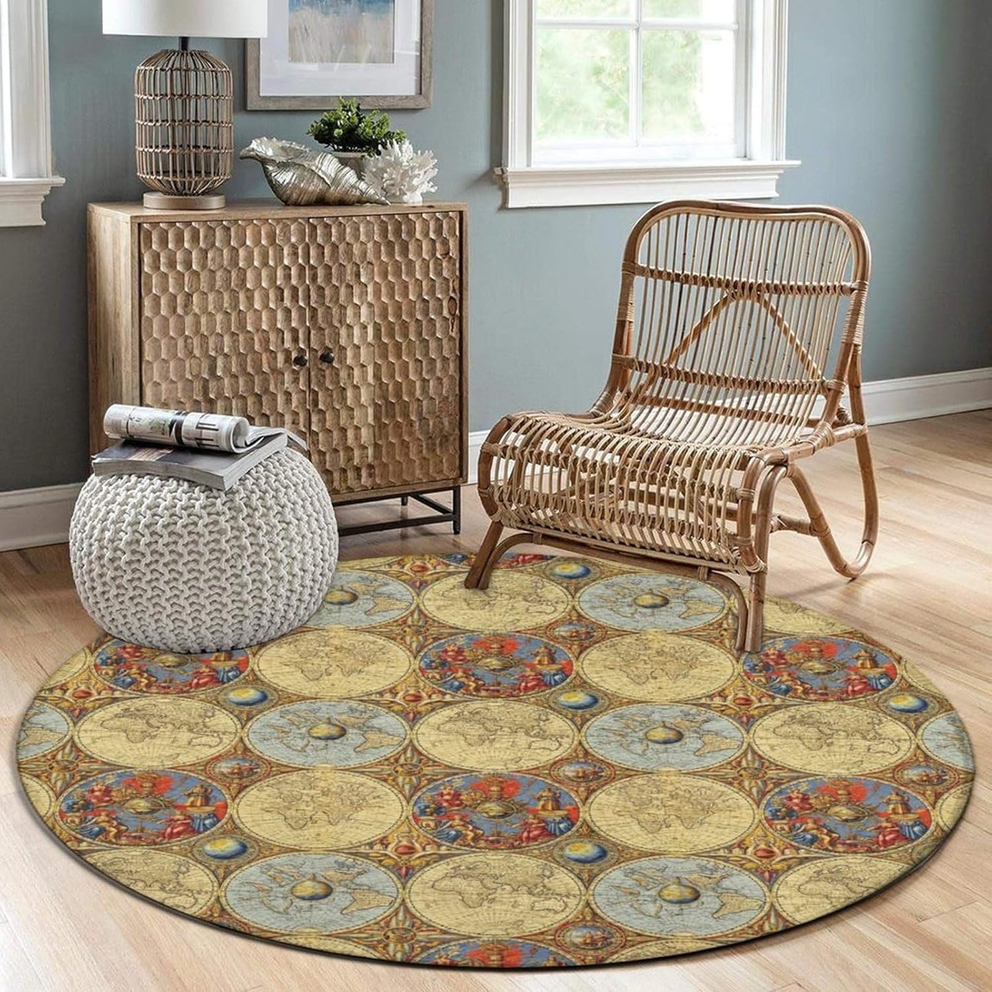 Soft Round Yoga Carpet, Large Home Decor Mat, Non-Slip Machine Washable Kitchen Office Circle Rug Compatible with Cool Norse Viking Vegvisir Runic Compass