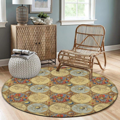 Soft Round Yoga Carpet, Large Home Decor Mat, Non-Slip Machine Washable Kitchen Office Circle Rug Compatible with Cool Norse Viking Vegvisir Runic Compass