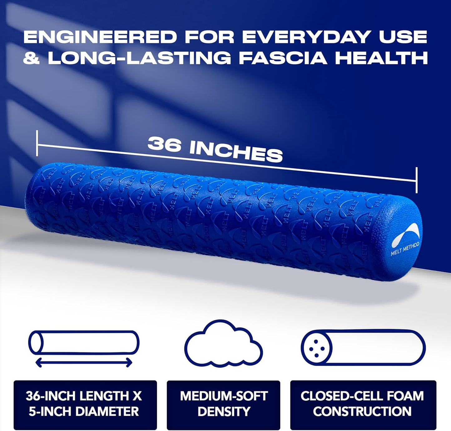MELT Method 36 Inch Soft Foam Roller for Physical Therapy and Exercise Recovery - FasciaTherapy Technology - Low Density Exercise Foam Roller for Full Body Gentle Compression - Blue