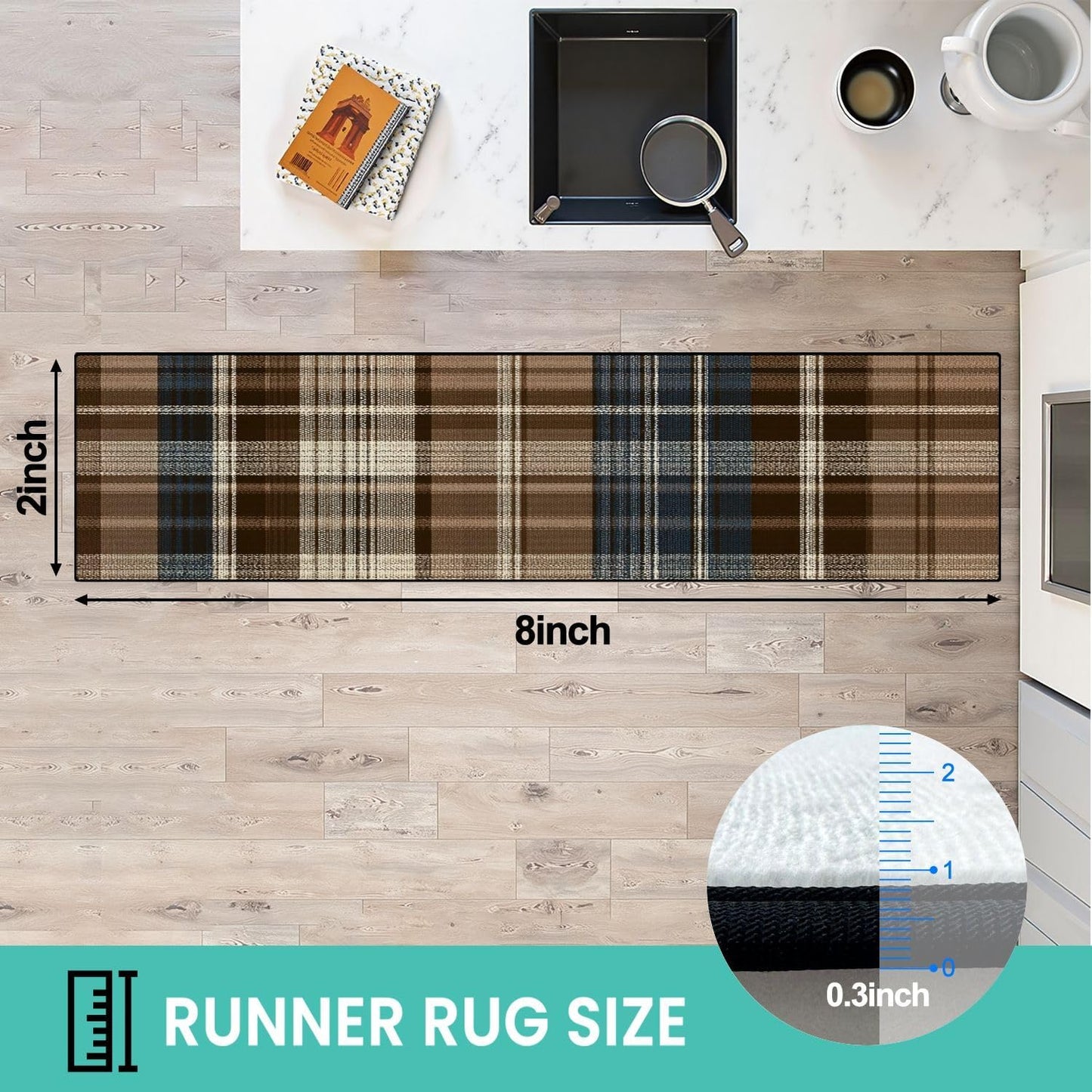 Runner Rug Washable 2x6 White Navy Blue Green Tartan Plaid Scottish Texture from Tartan Plaid Non-Slip Hallway Area Rug Indoor Outdoor Home Decor for Entryway Bathroom Kitchen Carpet Yoga Floor Mat
