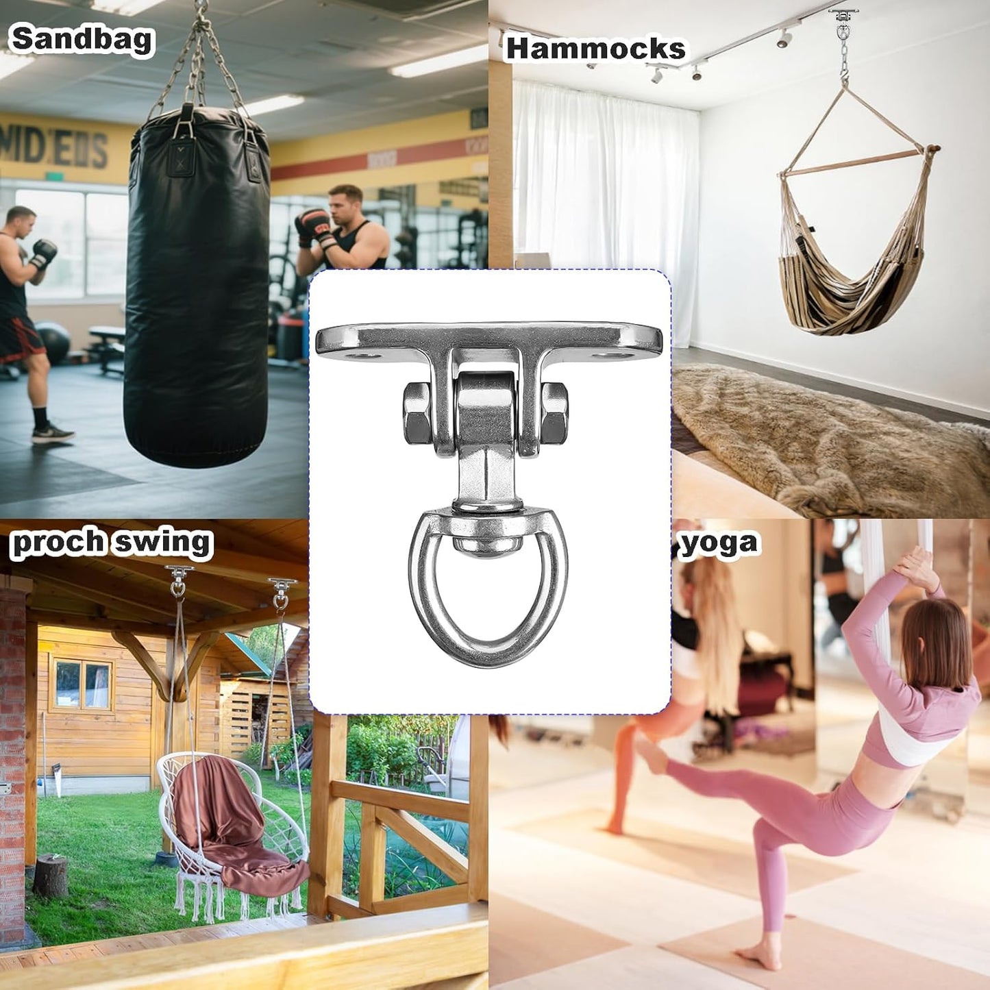 2 Antirust Swing Hanger Heavy Duty 360°+180°Rotation 1500LB Capacity Wood Playground Yoga Hammock Chair, Rope sandbag