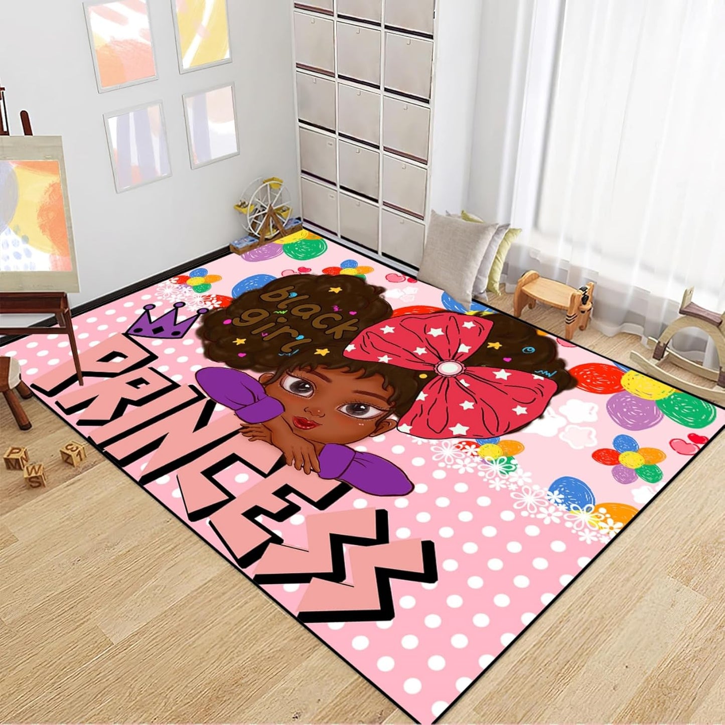 Black Girl Area Rug for Bedroom African American Rugs for Room Princess Carpet Kids Rugs for Bedroom African Girls Carpet for Living Room Teen Girls Yoga Mats, Pink, 4'×5'