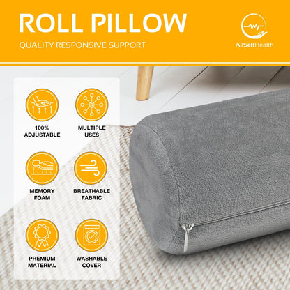 AllSett Health Round Cervical Roll Cylinder Bolster Pillow with Removable Washable Cover, Ergonomically Designed for Head, Neck, Back, and Legs, Grey | 13" X 5"