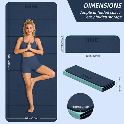 HAHE Foldable Yoga Exercise Mat, 74"Lx32"Wx1/3"Thick, TPE Multi-purpose Workout Mats with Non-slip Surface, Portable for Yoga/Pilates/Studio/Home Gym