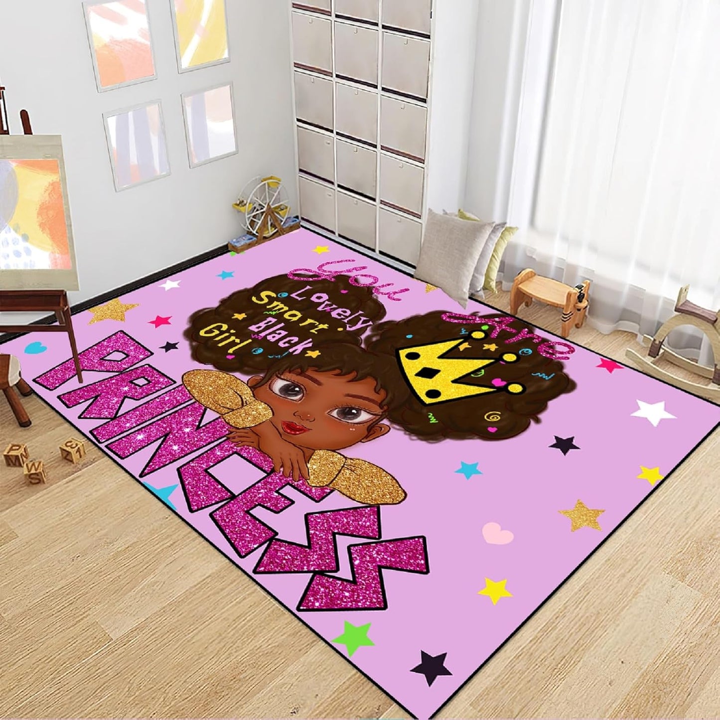Black Girl Area Rug for Bedroom African American Rugs for Room Princess Carpet Kids Rugs for Bedroom African Girls Carpet for Living Room Teen Girls Yoga Mats, Pink, 4'×5'