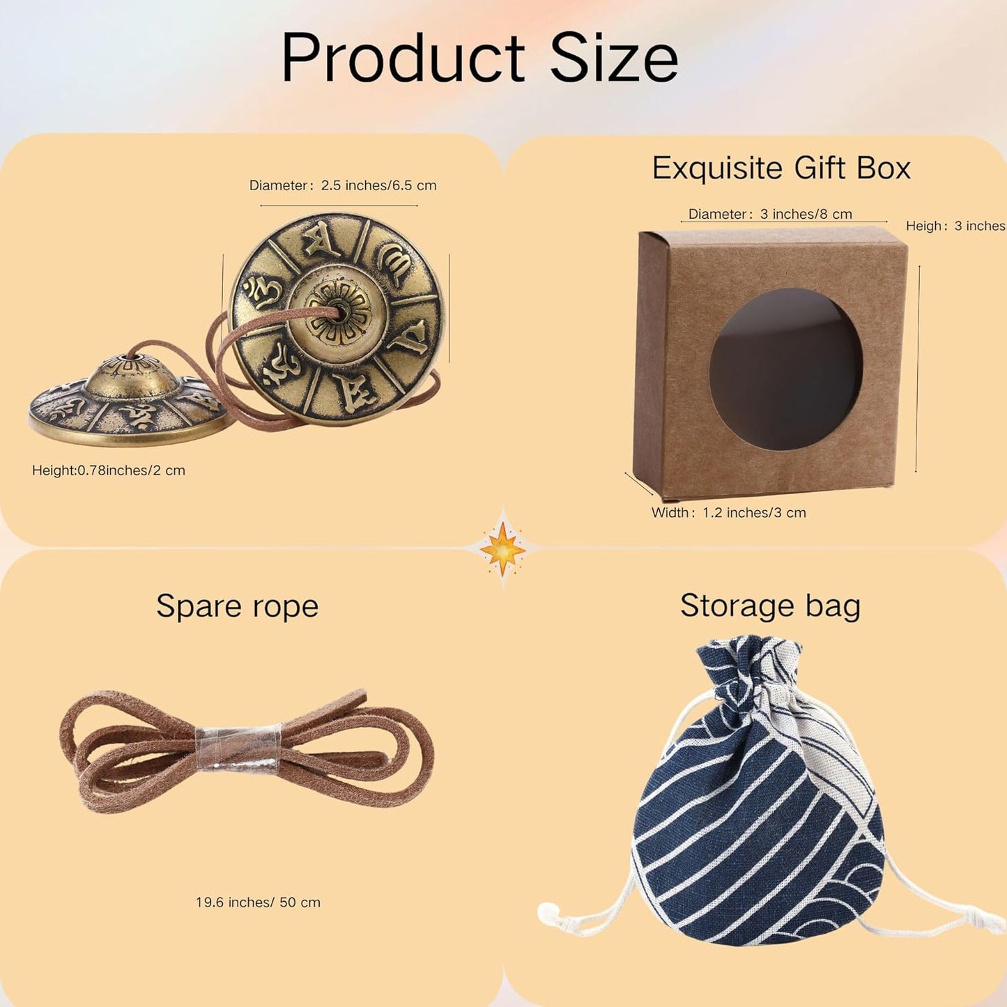 Tibetan Tingsha Cymbals Meditation Chime Bells 2.5" 8 Lucky Symbols Embossed Brass with Gift Box Drawstring Cloth Bag for Sound Healing, Yoga, Stress Relief Meditation Instruments
