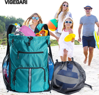 Large Beach Backpack Waterproof Sandproof - Customized Oversized Drawstring Pool Bag with Shoe Compartment for Toiletries, Towels, Gym, Travel