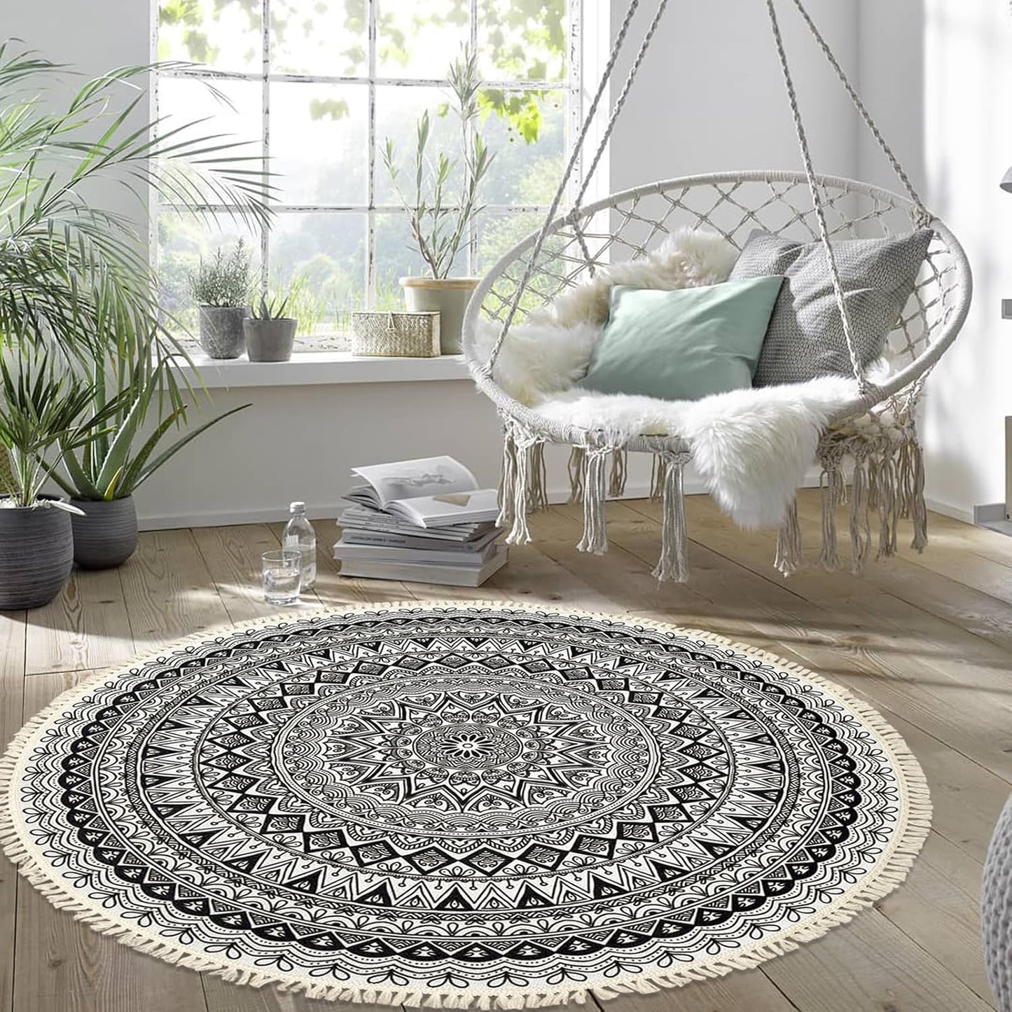 Boho Rug 5Ft Round Bedroom Carpet Circle Nonslip Farmhouse Area Rug Rustic Mandala Floor Mat for Living Room Locker Room Tassel Yoga Throw Rugs Washable Doormat, Purple