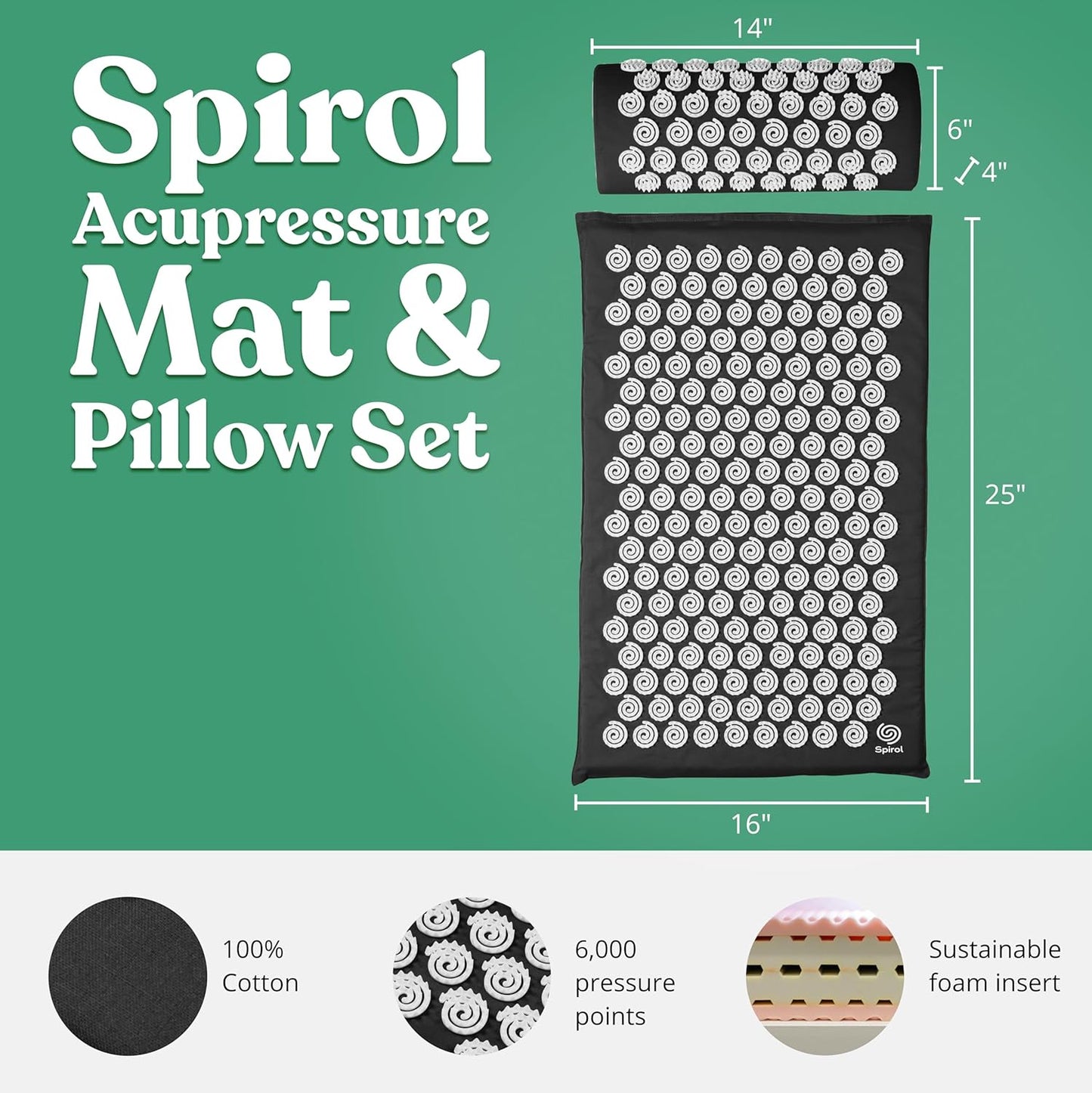 Spirol Acupressure Mat and Pillow Set for Back, Neck and Shoulder Pain Relief, with Flexible Acupressure Spikes, Includes Carry Bag (Amethyst)