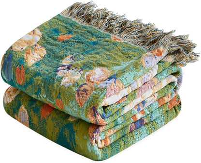 Boho Throw Blanket - 100% Cotton Soft Summer Throw Blanket for Bed, 50"x60" Reversible Breathable Lightweight Blankets, All Seasons Farmhouse Decor Floral Plant Butterfly Throw Quilt
