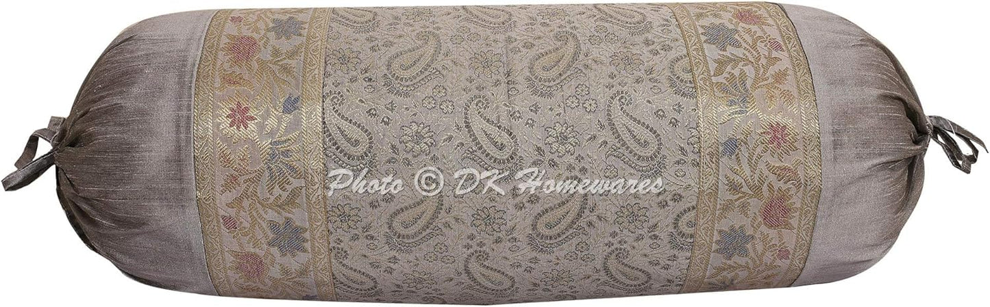 Indian Jacquard Brocade Silk Bolster Throw Pillow Covers Cylindrical Hotdog Grey Yoga Masand Home Decor Living Room Paisley Traditional Throw Cushion Cover 76x38 cm - 1 Pc