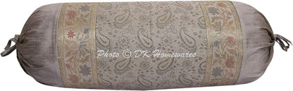 Indian Jacquard Brocade Silk Bolster Throw Pillow Covers Cylindrical Hotdog Grey Yoga Masand Home Decor Living Room Paisley Traditional Throw Cushion Cover 76x38 cm - 1 Pc