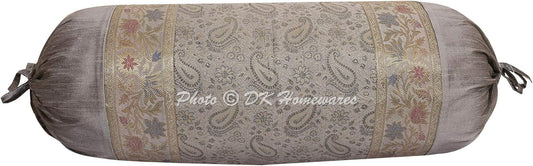 Indian Jacquard Brocade Silk Bolster Throw Pillow Covers Cylindrical Hotdog Grey Yoga Masand Home Decor Living Room Paisley Traditional Throw Cushion Cover 76x38 cm - 1 Pc