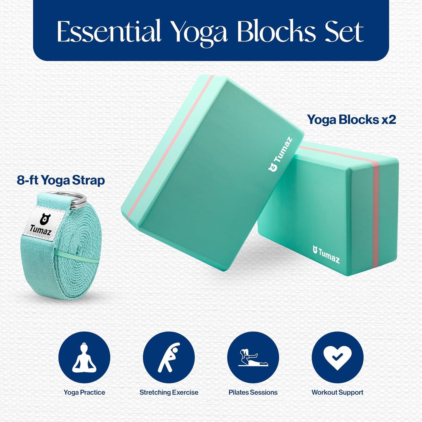 Tumaz Non-Slip Yoga Blocks 2-Pack - High Density/Lightweight EVA Foam & Natural Cork for Stability, Premium Set with E-Book Included