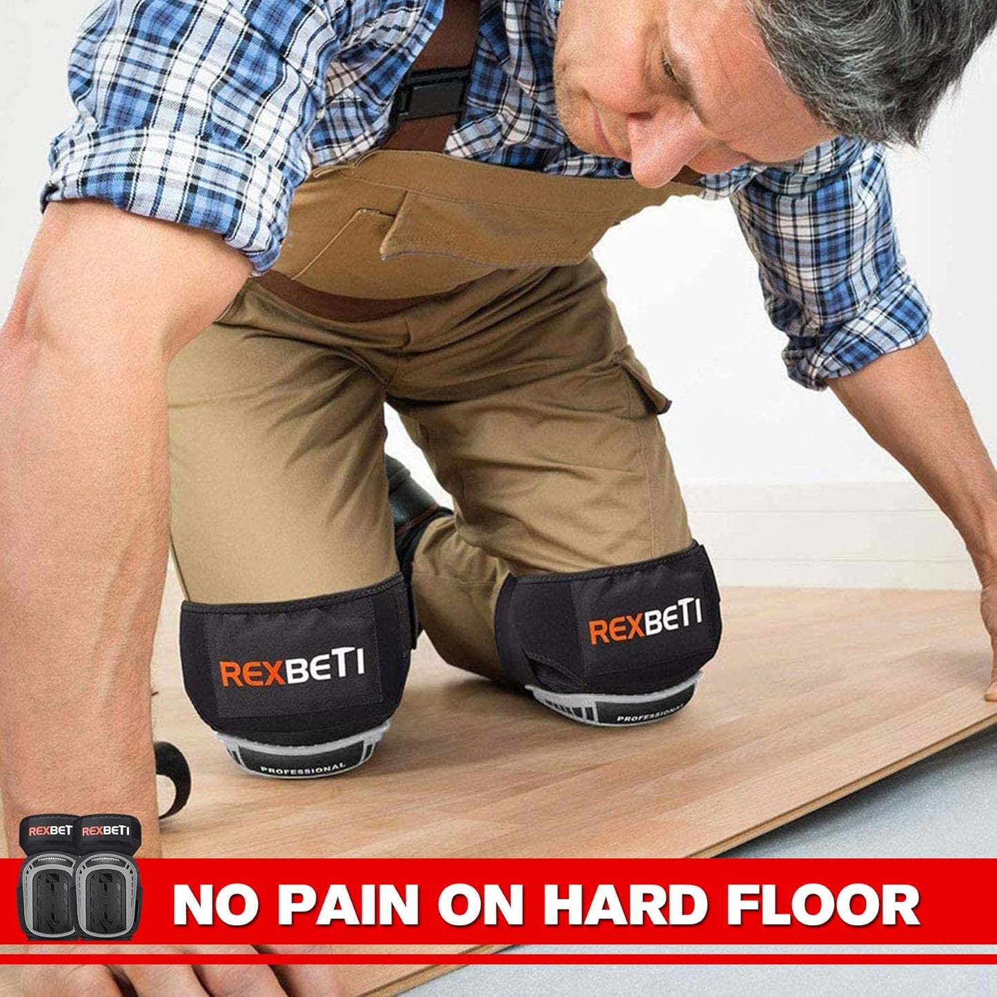 REXBETI Knee Pads for Work, Construction Knee Pads for Men, Heavy Duty Comfortable Anti-slip Foam Gel Knee Pads for Gardening Flooring and Cleaning, Strong Stretchable Straps, Orange