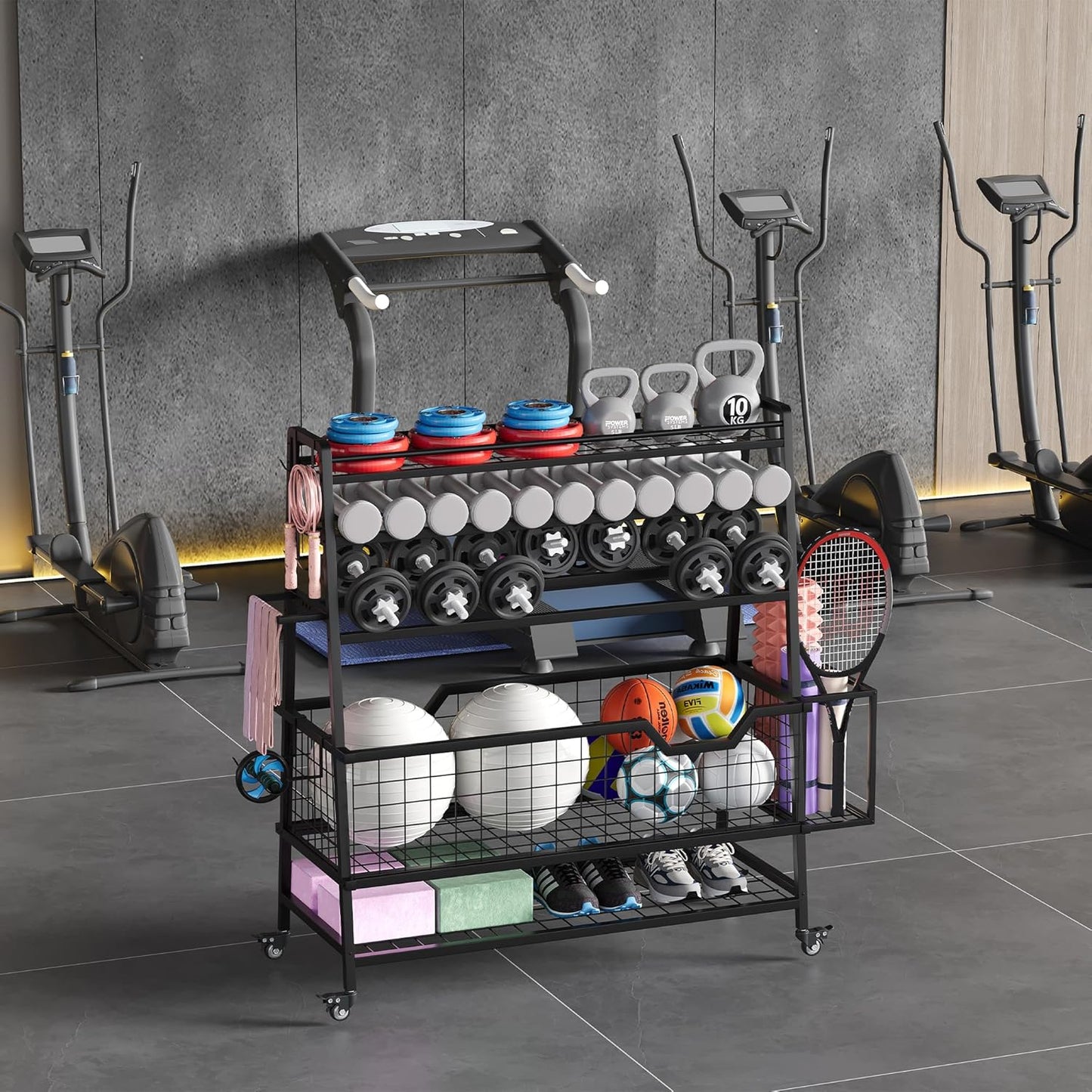 Dual-Sided Dumbbell Rack with Hooks & Wheels, Adjustable Home Gym Storage Rack for Dumbbells, Kettlebells, Balls, Yoga Mats, Ab Roller, Weight Rack Organizer for Workout Equipment