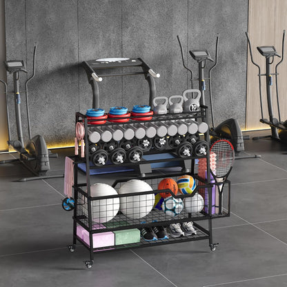 Dual-Sided Dumbbell Rack with Hooks & Wheels, Adjustable Home Gym Storage Rack for Dumbbells, Kettlebells, Balls, Yoga Mats, Ab Roller, Weight Rack Organizer for Workout Equipment