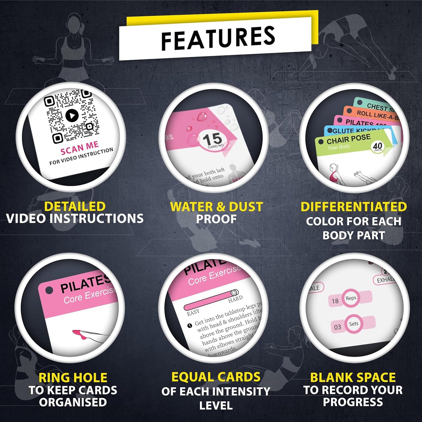 Flexies Pilates Workout Cards - 58 Exercise Cards with Pilates Mat Workout Postures, Video Instructions & Breathing Tips | Free Ring & Dry-Erase Marker to Create at home pilates womens workout planner