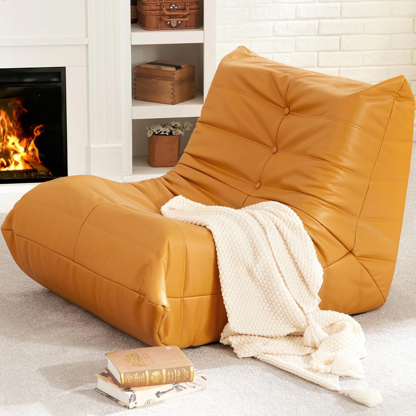 Hobestluk Giant Bean Bag Chair Lazy Floor Sofa, Memory Foam Fireside Sofa for Adults, Big Beanbag Faux Leather Armless Chair for Living Room Bedroom Dorm Office (Brown, Single)