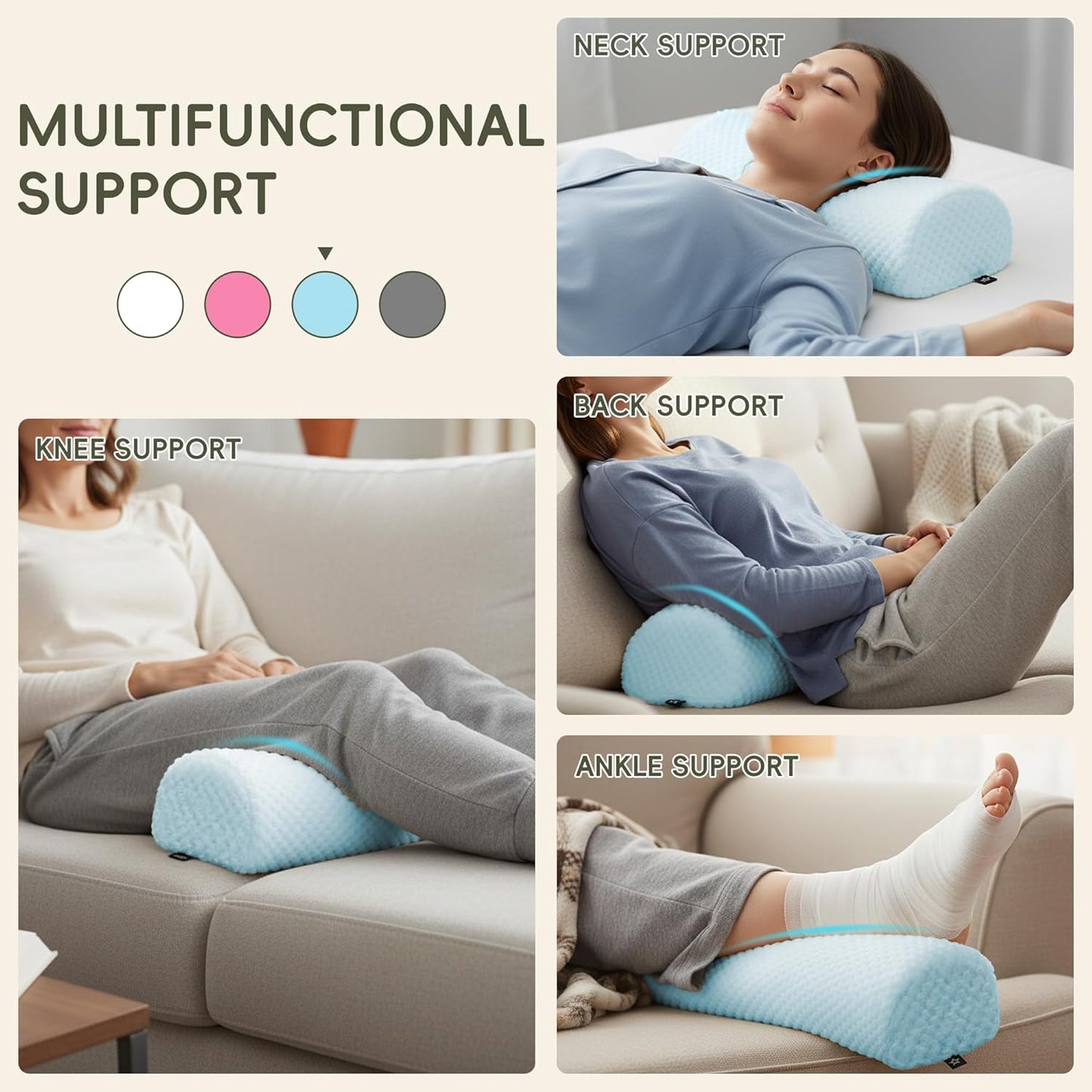 SPRING SEAON Half Moon Bolster Knee Pillow for Back Sleeping Memory Foam Leg Pillow for Ankle and Foot Comfort Under Knee Pillow for Side Sleepers Machine Washable Cover(17" x 7.5" x 4.3")