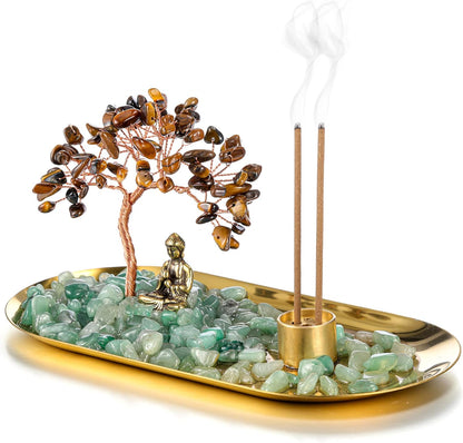 Jovivi Crystal Incense Holder for Sticks, Mixed Healing Crystal Stone Money Tree Buddha Statue Set Incense Burner, Incense Trays for Wealth, Good Luck,Yoga Meditation Home Decor