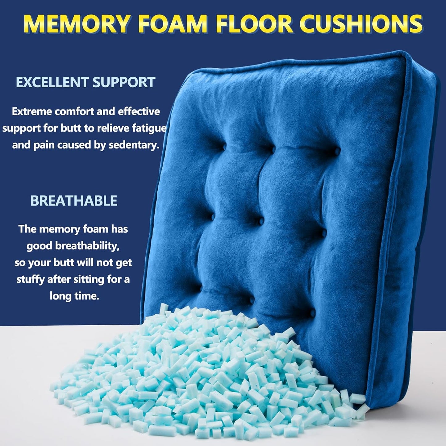 1 MIDDLE ONE Floor Pillow Set of 2, Memory Foam Meditation Cushion, Floor Cushions for Adults Sitting, Large Square Seat Cushions for Yoga, Living Room, 20x20 Inch (Grey)