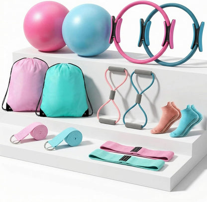Poen Pilates Equipment Kit for Home Workout Pilates Ring and Ball Set for Women 12'' Circle Yoga Fitness Essentials Kit with Resistance Bands, Yoga Strap, Socks,Bag