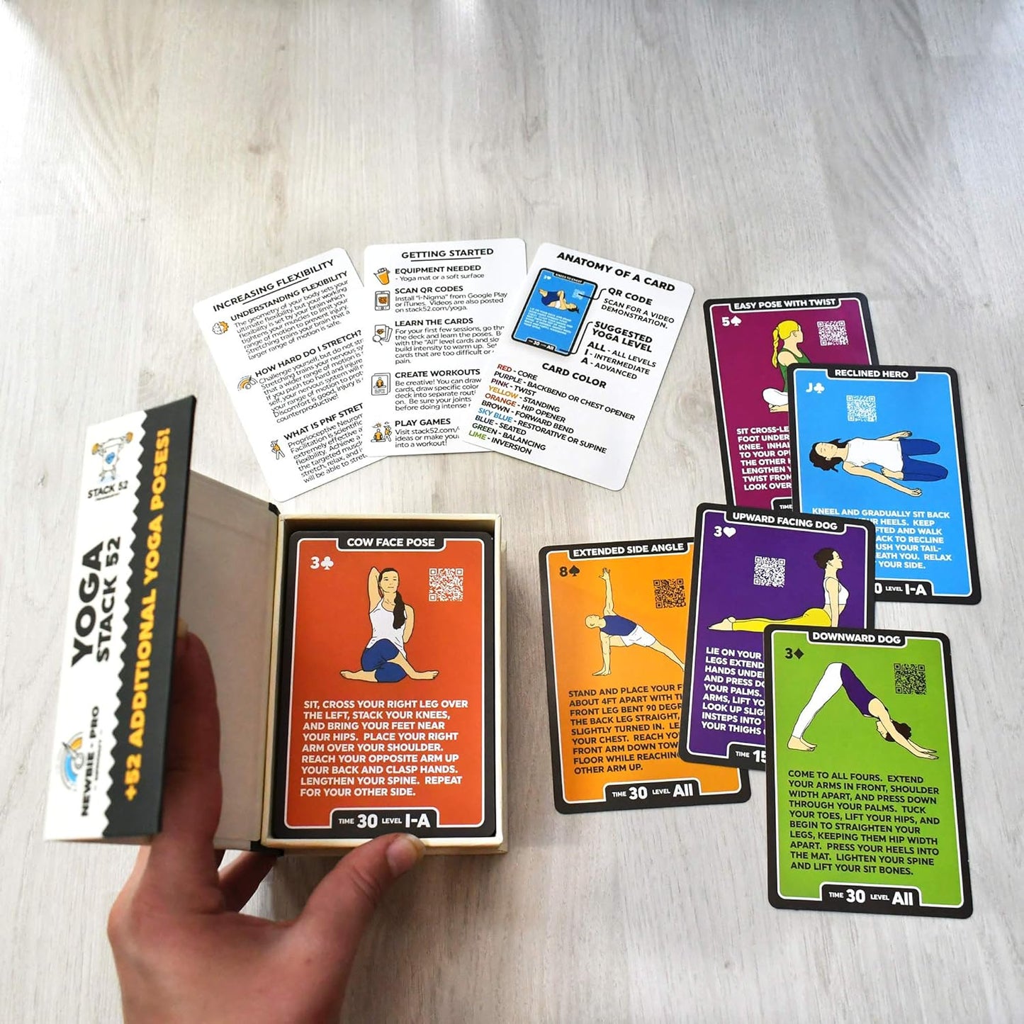 Stack 52 Yoga Exercise Cards: Designed by Certified Yoga Instructor. Video Instructions Included. Beginner to Advanced Poses and Asana Workout Games. Improve Fitness and Flexibility. (Base Deck)