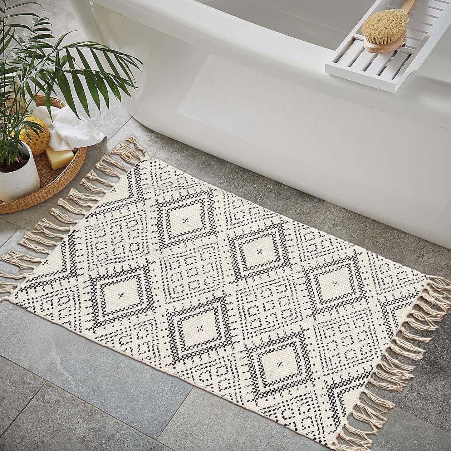 Chardin home Farmhouse Rug 24''x36'' Black-White | Recycled Cotton Hand Woven Rug, Long Boho Rug | Perfect for Hallways, Kitchens, Bathroom, bedrooms, Meditation Yoga Mat | Machine Wash