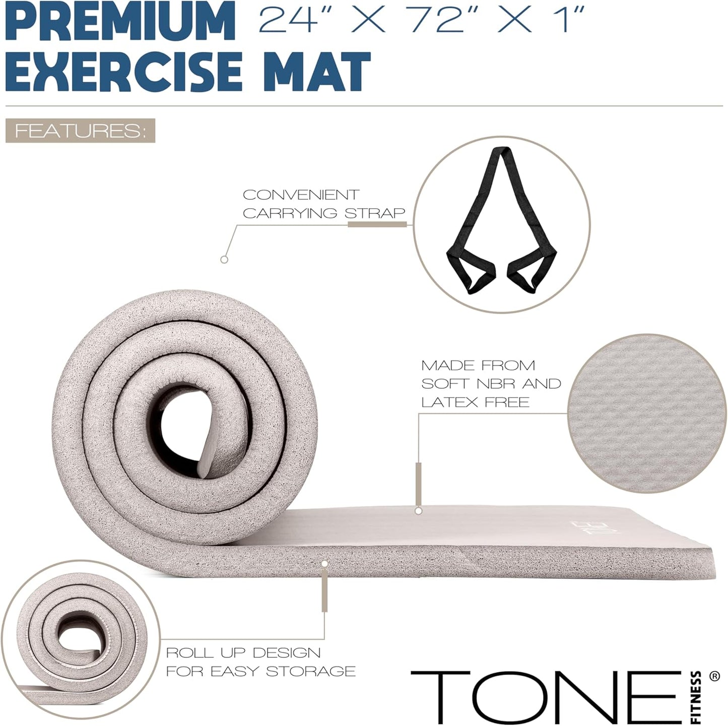Tone Fitness 1-Inch Thick Yoga Mat | High-Density, Non-slip Exercise Mat with Carrying Strap for Yoga, Pilates, & Home Gym Workouts | Multiple Options