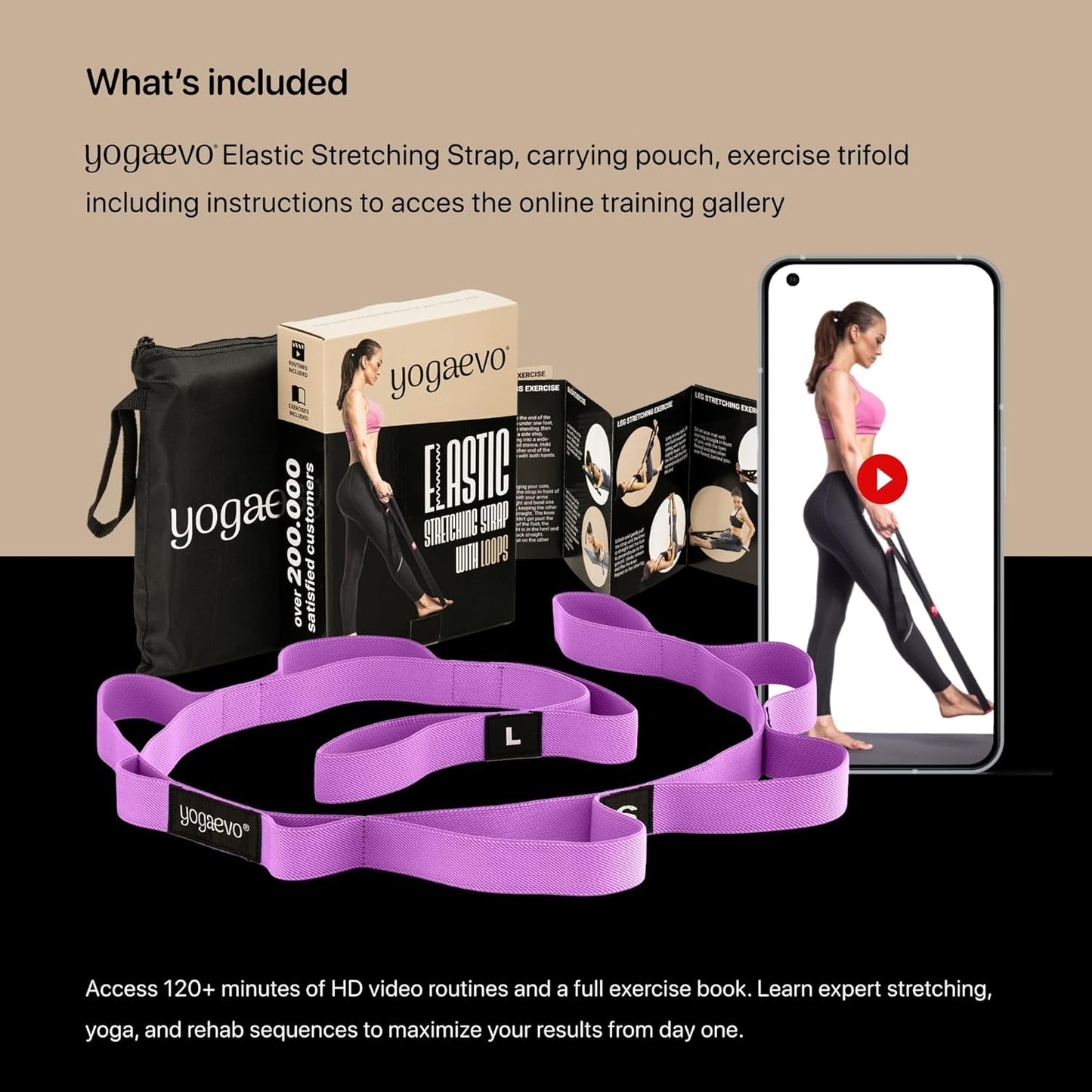 YOGA-EVO Elastic Stretching Strap with Loops for Physical Therapy - Stretch & Activate Muscles - Increase Mobility & Recovery - Soft Cotton & Spandex - Includes Carrying Pouch & Video Exercises