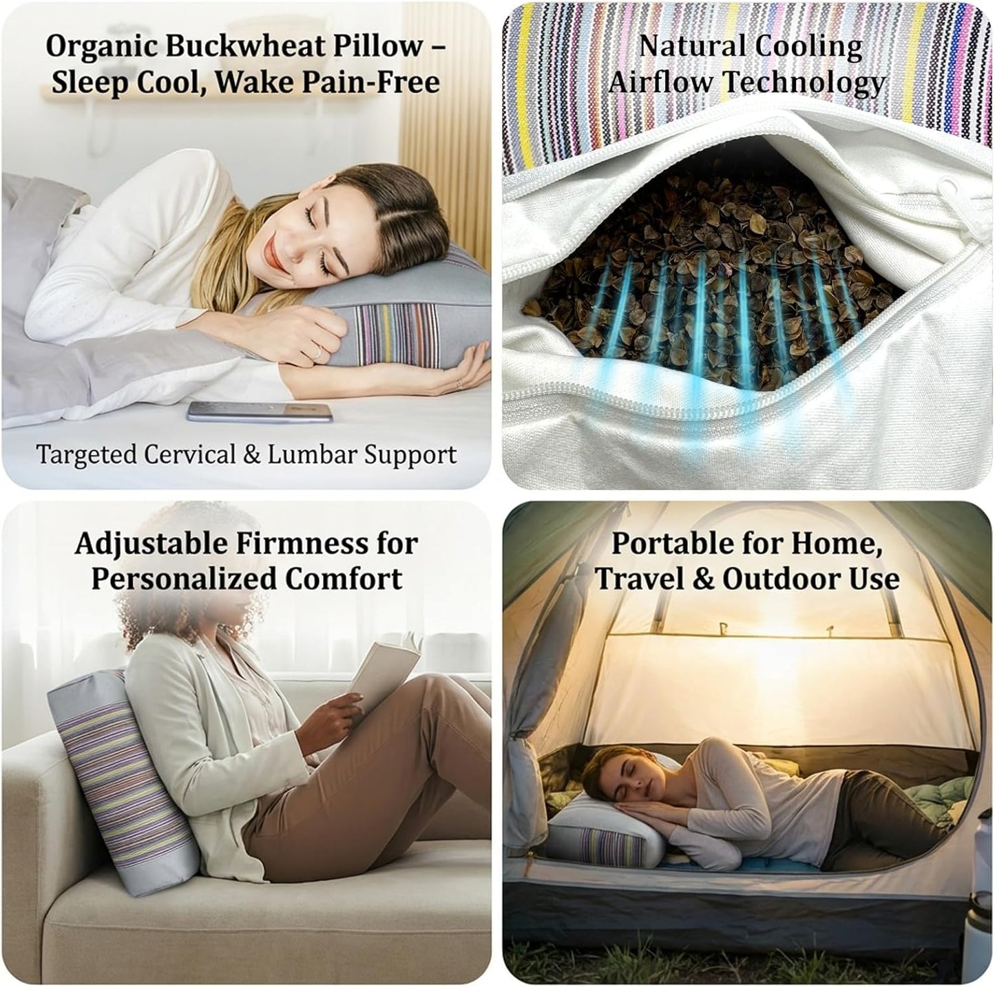 Adjustable Buckwheat Hull Pillow for Neck Pain Relief (21x8x4in) Natural Cooling Cervical Support Organic Pillow for Side & Back Sleepers with Night Sweats (Grey)