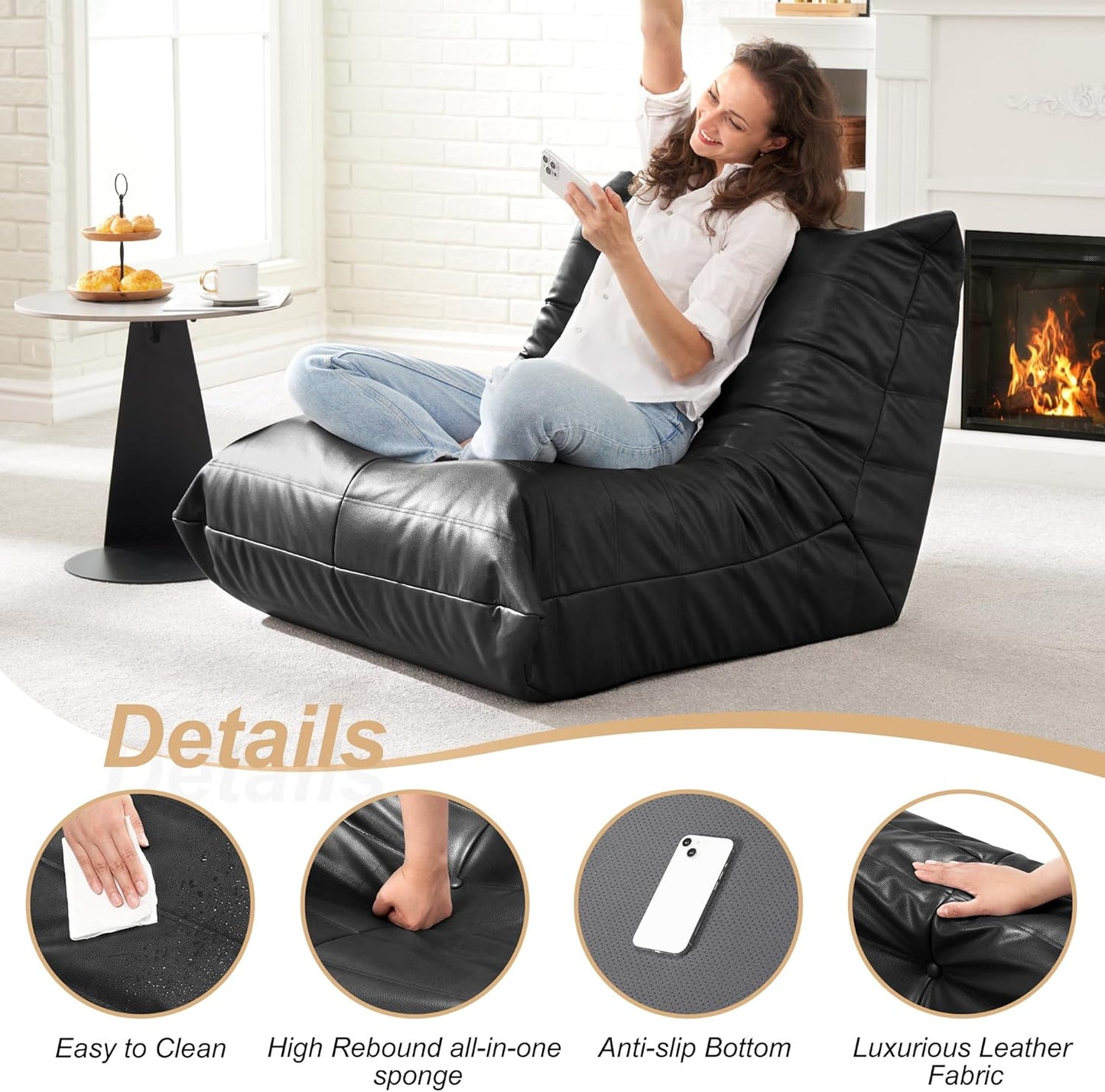 Hobestluk Giant Bean Bag Chair Lazy Floor Sofa, Memory Foam Fireside Sofa for Adults, Big Beanbag Faux Leather Armless Chair for Living Room Bedroom Dorm Office (Brown, Single)