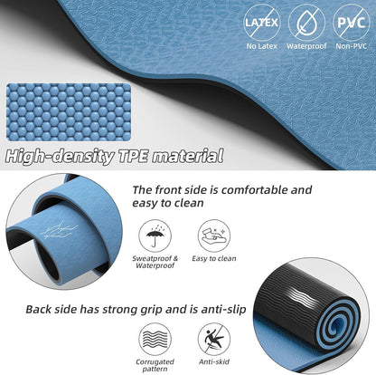 Large Yoga Mat 76"x 40"x10mm (2/5 inch) – Extra Thick & Wide, TPE Fitness Mat, Printed Non-Slip Exercise Mat with Carrying Strap for Men & Women, Pilates, Stretching, Fitness & Workout