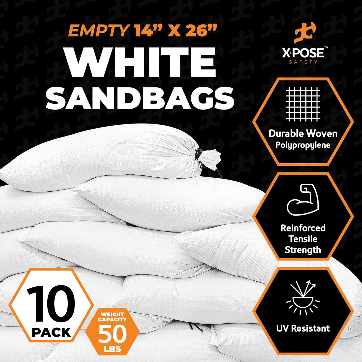 Xpose Safety Heavy Duty Sand Bags with Tie Strings – Empty Woven Polypropylene Sandbags for Hurricane Flood Protection, 50 lb Capacity, 14" x 26", White, Pack of 10
