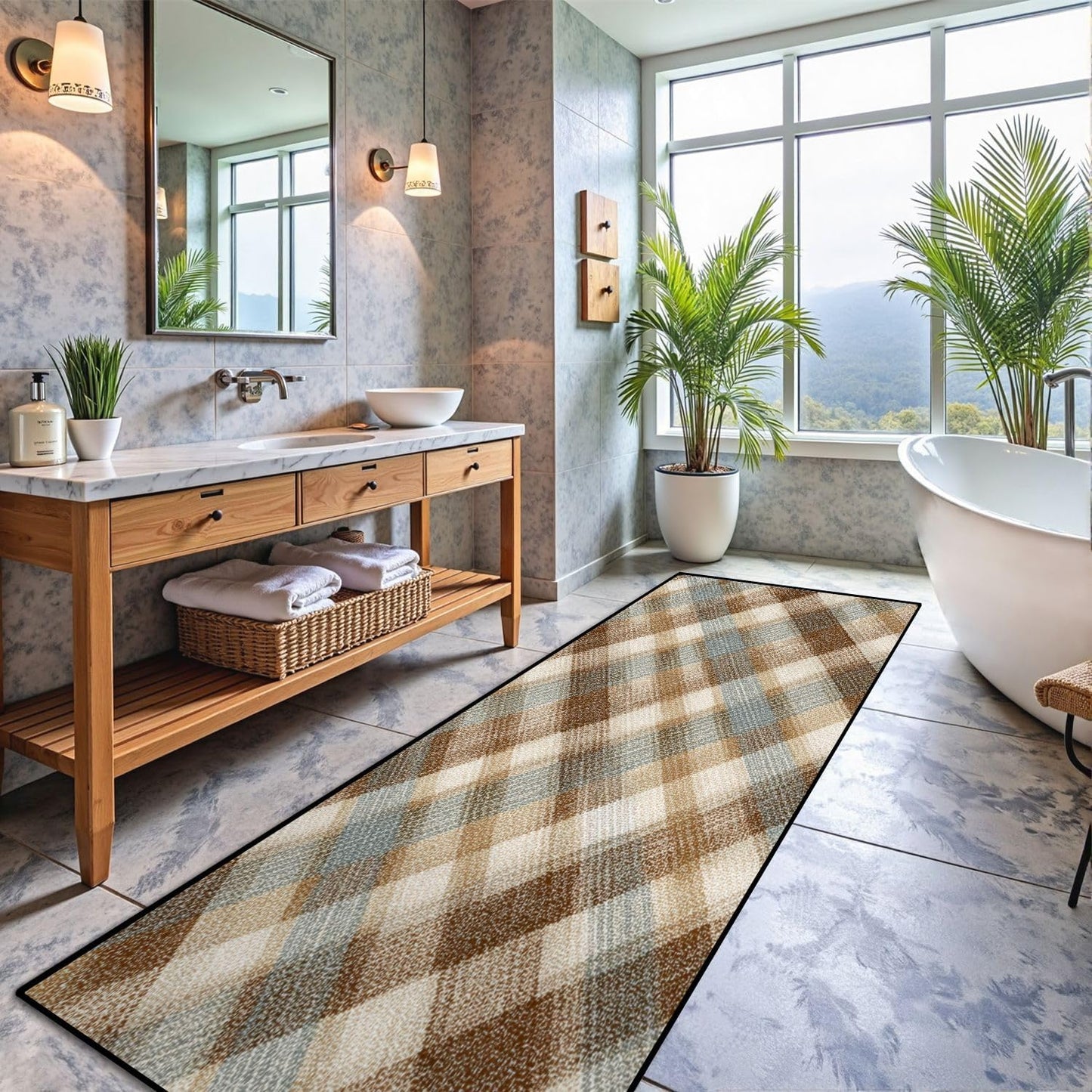 Runner Rug Washable 2x6 White Navy Blue Green Tartan Plaid Scottish Texture from Tartan Plaid Non-Slip Hallway Area Rug Indoor Outdoor Home Decor for Entryway Bathroom Kitchen Carpet Yoga Floor Mat