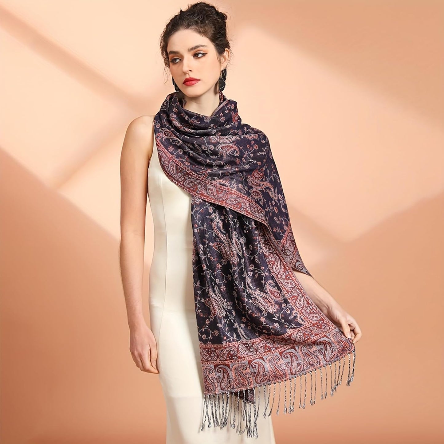 Ciormis Two Tone Silky Paisley Pashmina Shawl Scarf,Soft Women's Rave Jacquard Pashminas Wrap Scarves